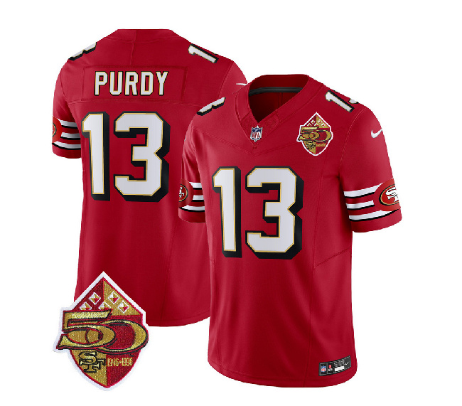 Men's San Francisco 49ers #13 Brock Purdy Red 2023 F.U.S.E. 50th Patch Throwback Football Stitched Jersey